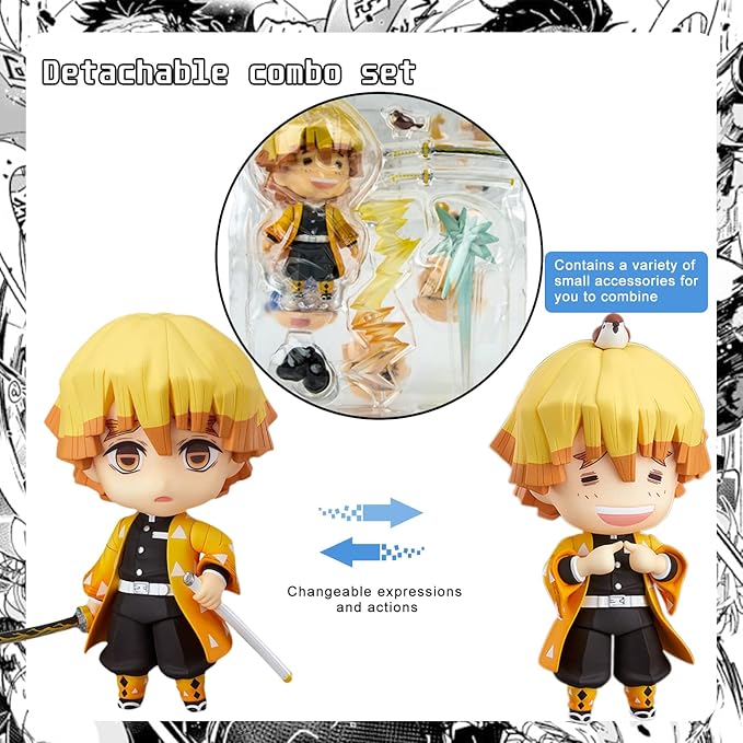 3.95インチ 鬼滅の刃 フィギュア 嘴平伊之助 フィギュア おもちゃ アニメキャラクター 顔が変わる人形 ホームオフィス 装飾 オーナメント キャラクター 像 コレクター収集品 (善逸 3.93インチ)